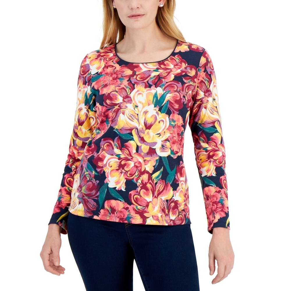 Karen Scott Floral Print Top - Intrepid Blue XXL - Women's Shirts